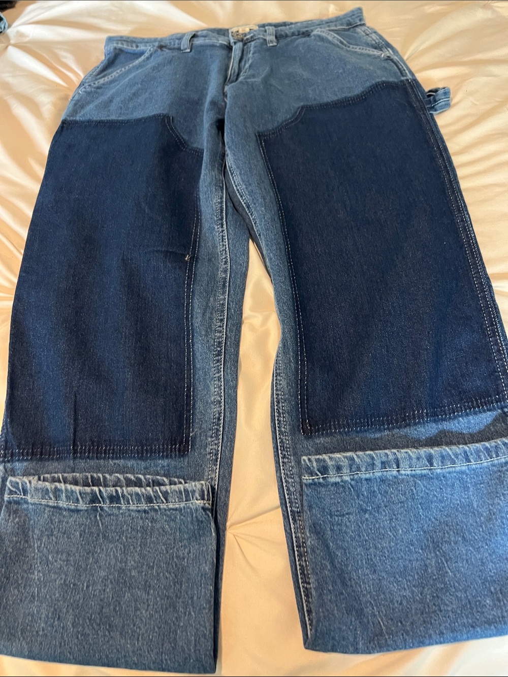 Sun + Stone Men's Two-Tone Patchwork Jeans in Light and Dark Blue
